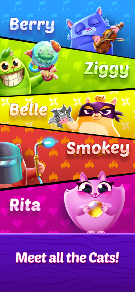 Cookie Cats Pop - A colorful display of the main cat characters from Cookie Cats Pop including Berry, Ziggy, Belle, Smokey, and Rita.