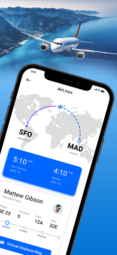 Air Traffic - flight tracker - Pantalla de la aplicación móvil que muestra la ruta de vuelo de SFO a MAD con horarios de salida y llegada