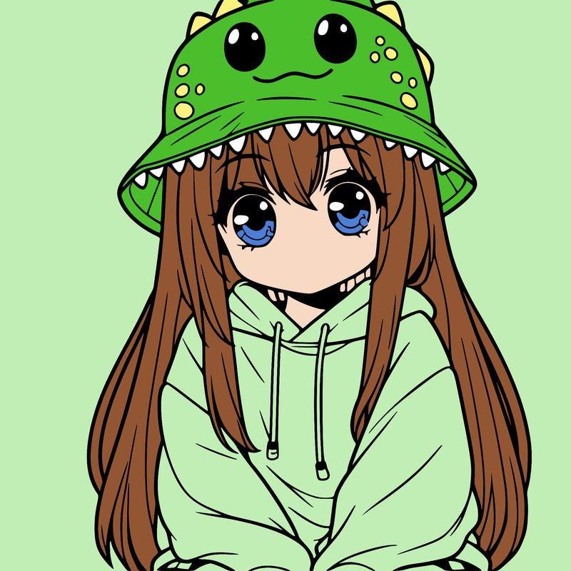 girl with anime shaped eyes with a dinosaur bucket hat oversized sweatshirt long straight hair