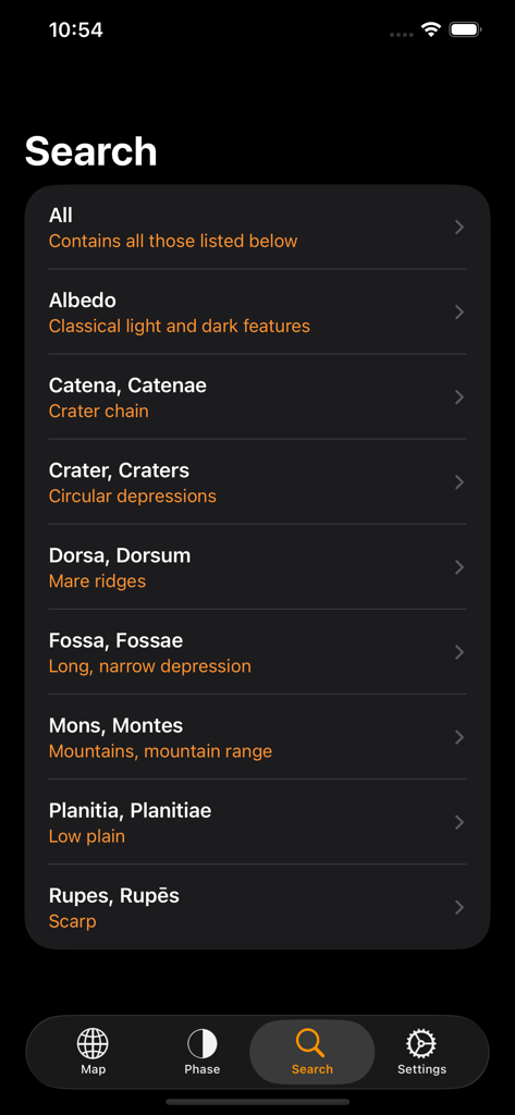 Mercury Atlas - マーキュリー・アトラスアプリの検索メニュー。クレーターや山などの地質学的特徴のカテゴリがリストされています。