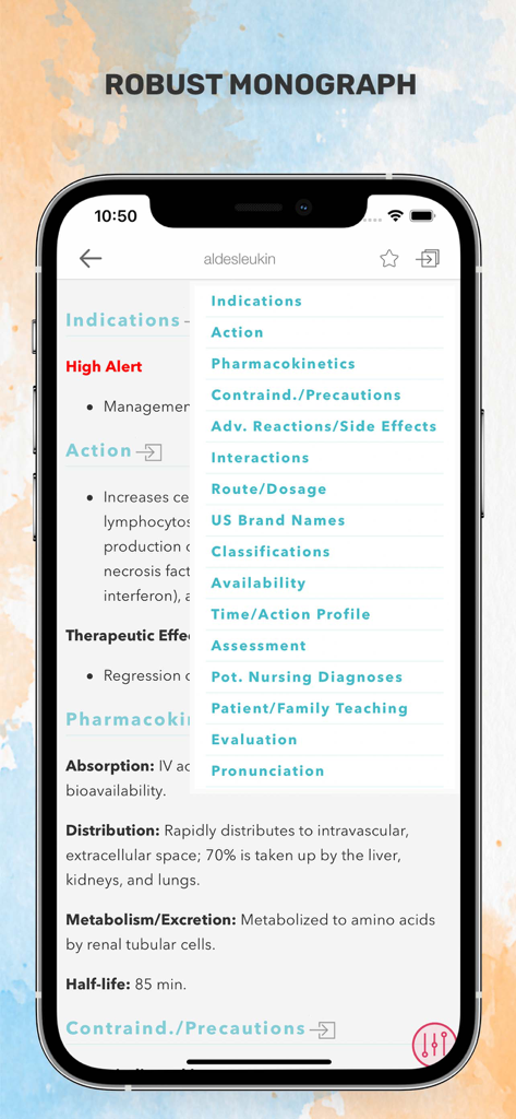 Davis’s Drug Guide for Nurses - A detailed drug monograph view on a smartphone for the medication aldesleukin in the Davis Drug Guide for Nurses app