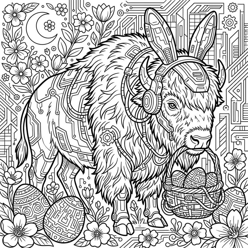 Prepare for an extraordinary coloring experience with this unique Cyberpunk Bison celebrating Easter. Adorned with futuristic gear and surrounded by circuit patterns and decorated eggs, this design blends tradition with high-tech flair.