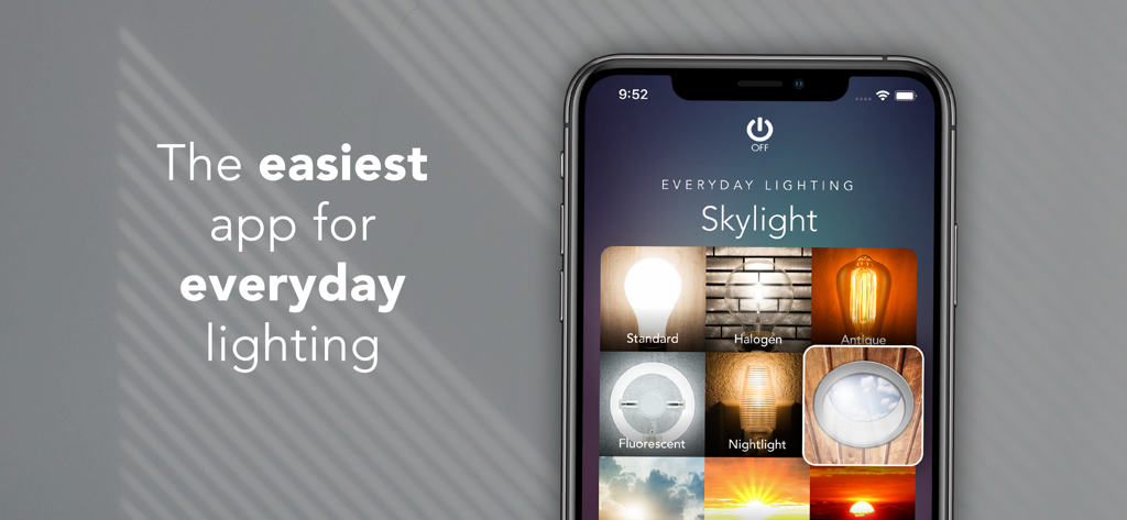 OnSwitch for Philips Hue - Smartphone mostrando la aplicación OnSwitch con opciones de iluminación cotidiana para bombillas Philips Hue como luz de día y antigua.