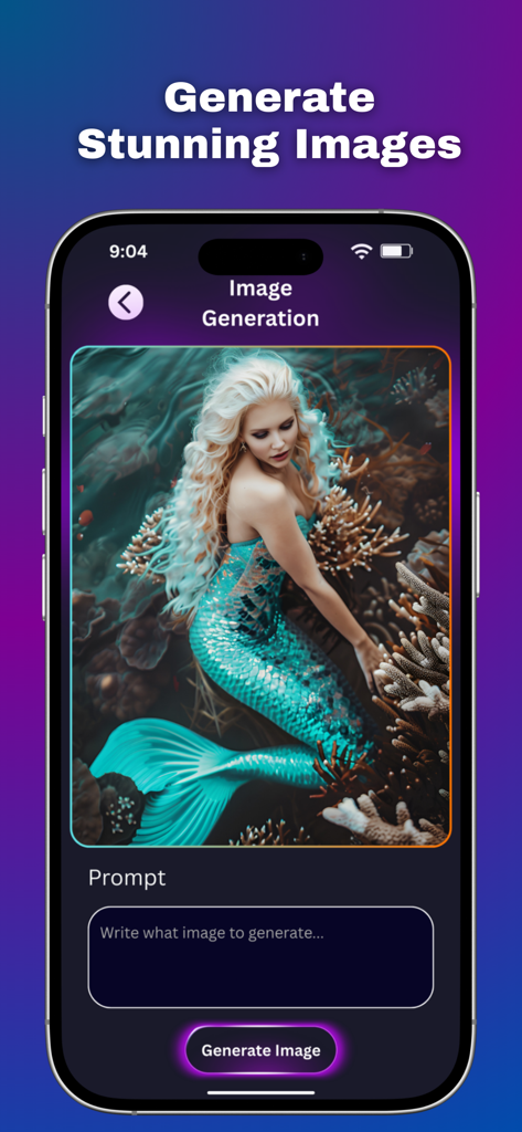 AI Photo Editor+++ - AI Photo Editor app screen showing image generation feature with a mermaid graphic