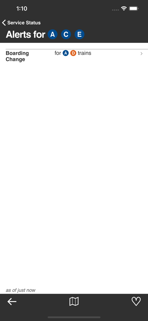 Underway: NYC Subway Transit - A mobile app screen showing service alerts for the A, C, and E NYC subway lines with a boarding change notification.