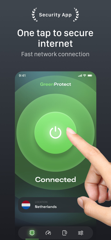 VPN PRO - Unlimited Protection - Interfaccia di VPN PRO che mostra un grande pulsante verde che viene toccato per proteggere la connessione Internet con un server nei Paesi Bassi.