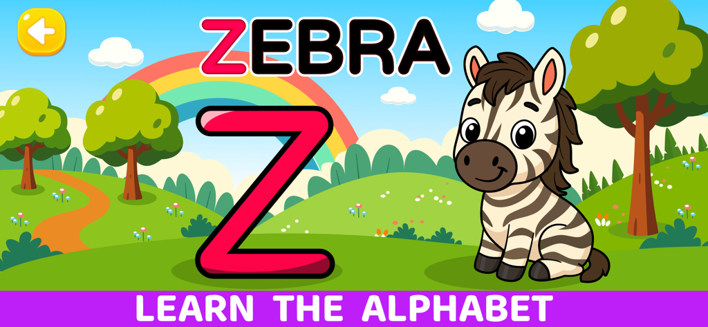 Dinosaur Games For Kids 2-7 - A cartoon zebra next to a large letter Z in an educational alphabet game for children.