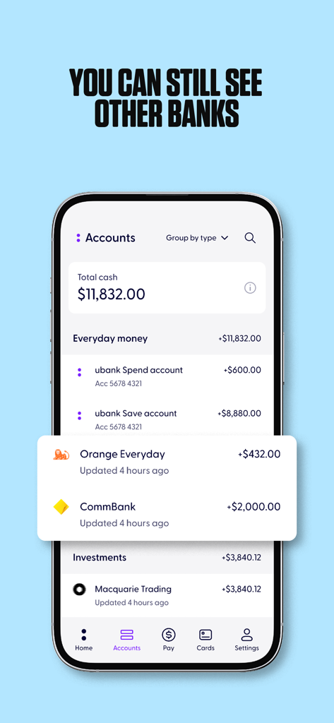 Ubank mobile app screen showing connected external bank accounts and total cash balance on a single dashboard
