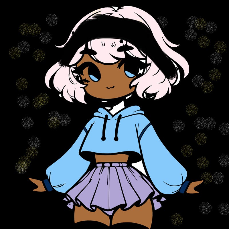 cute femboy with short, fluffy hair that softly frames their face, wearing a cropped hoodie, paired with a flouncy short skirt, and thigh-high stockings