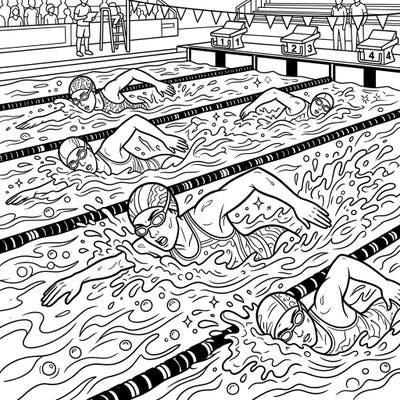 Experience the adrenaline of a competitive swimming race with this captivating coloring page. Featuring multiple swimmers mid-stroke, this design is perfect for sports enthusiasts and aspiring artists alike.