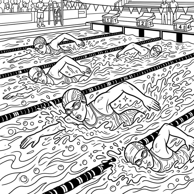 Experience the adrenaline of a competitive swimming race with this captivating coloring page. Featuring multiple swimmers mid-stroke, this design is perfect for sports enthusiasts and aspiring artists alike.