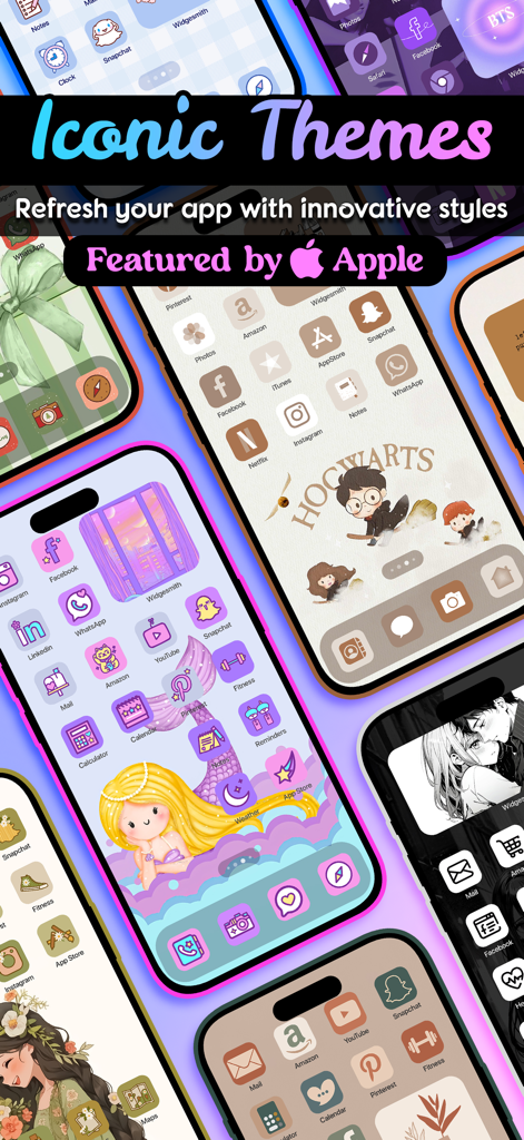 Iconic Themes & Wallpaper - A display of multiple iPhone home screens featuring different aesthetic themes and icon packs from Iconic Themes.