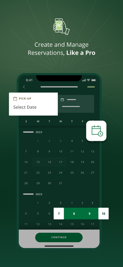 Écran de l'application National Car Rental pour créer et gérer des réservations avec vue calendrier.
