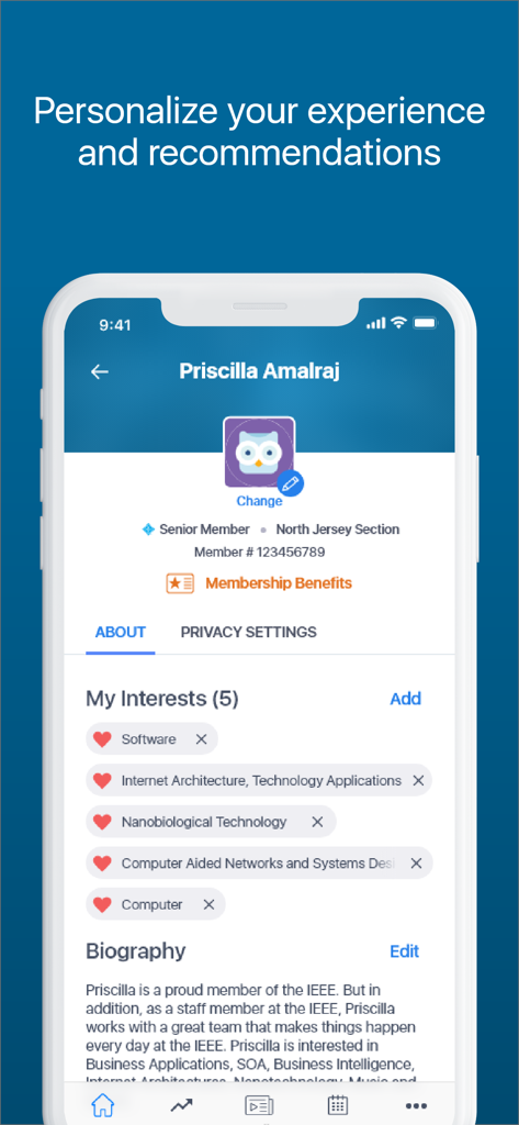 IEEE - IEEE-App-Benutzerprofil, das berufliche Interessen und Mitgliedschaftsdetails zeigt