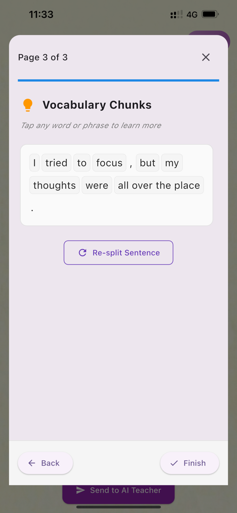 Lingo Journal - Lingo Journal app interface displaying a sentence split into meaningful vocabulary chunks for language learning