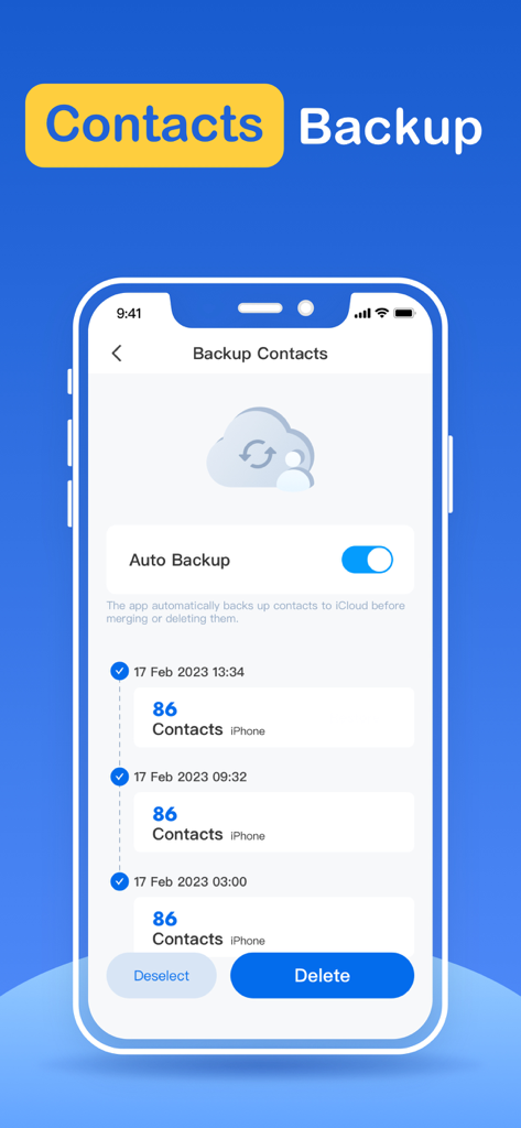 Storage Cleaner app interface for contact backup with auto backup toggle and history list