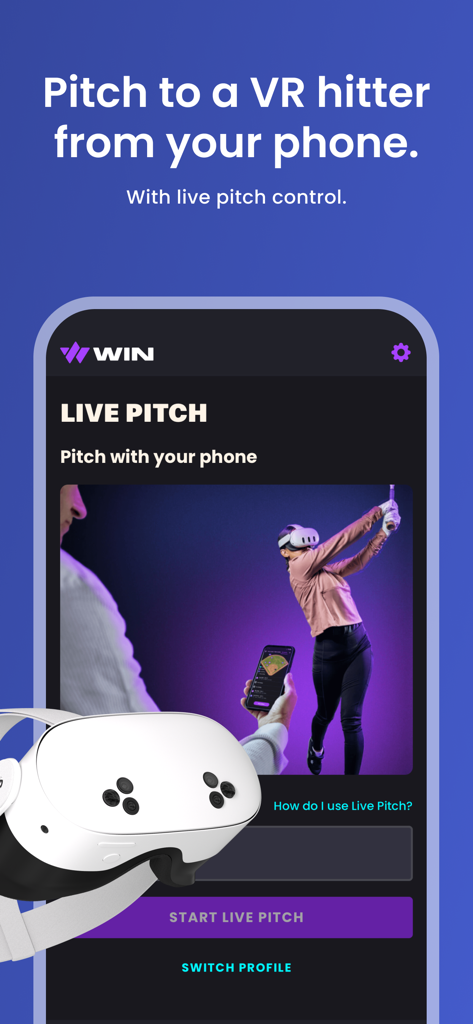 WIN Reality: SwingAI - Interface of WIN Reality SwingAI app showing live pitch control for VR baseball training.