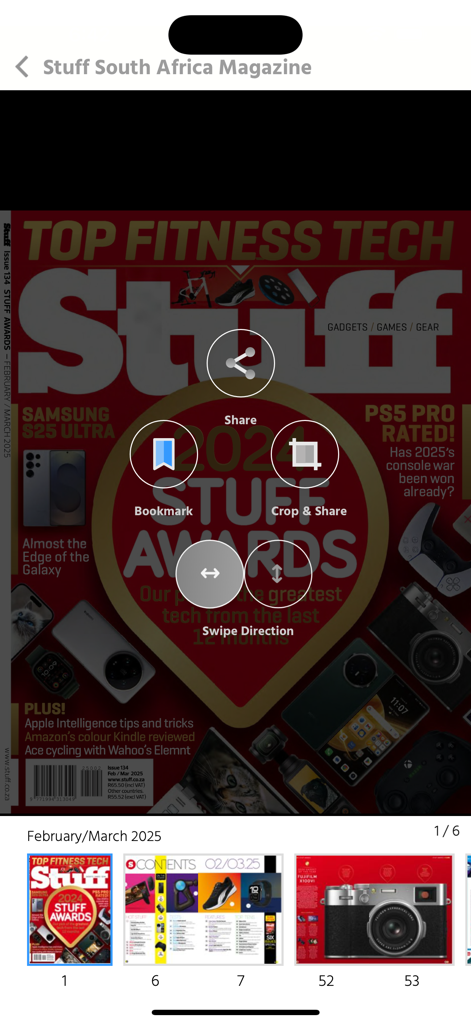 Un'interfaccia mobile per Stuff Magazine che mostra una copertina degli awards 2024 con icone di navigazione interattive per condividere, aggiungere ai preferiti e ritagliare contenuti.