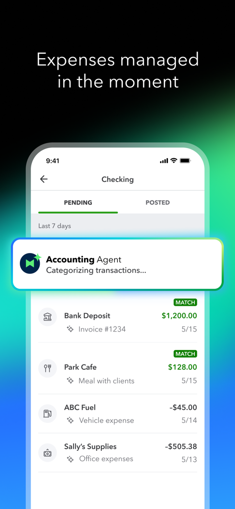 Intuit QuickBooks for Business - Interface do aplicativo QuickBooks mostrando um agente de contabilidade de IA categorizando automaticamente transações comerciais, como refeições, combustível e suprimentos