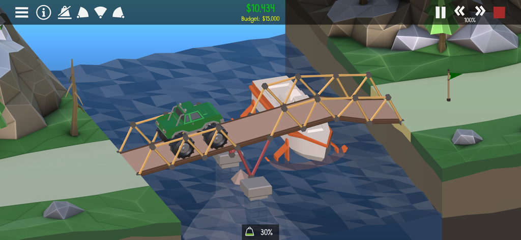 Screenshot di gioco di Poly Bridge 2 che mostra un monster truck verde che attraversa un ponte di legno su un fiume