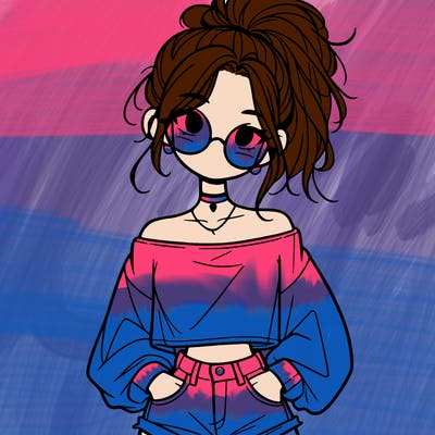 girl with a messy ponytail glasses a baggy crop top and jean shorts