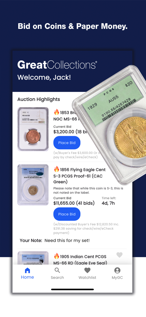 GreatCollections - Mobile app interface for GreatCollections showing rare coin auctions and certified grading details