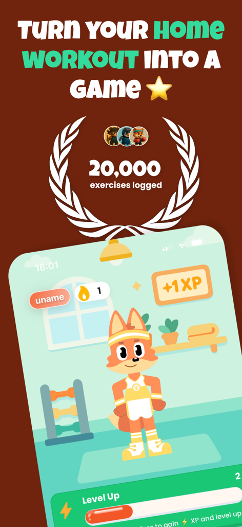 Gamified Workouts: Snapfit - Snapfit mobile app screen showing a gamified workout interface with a cartoon fox character and level up progress bar
