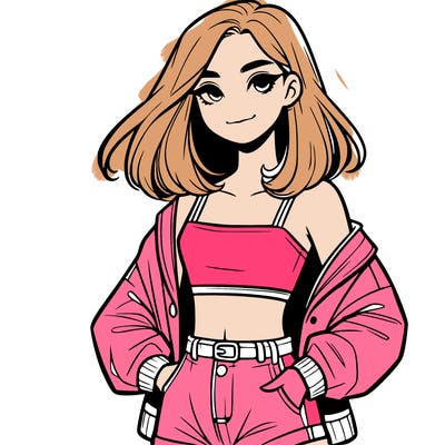a realistic girl with a crop top and short shorts in an open jacket