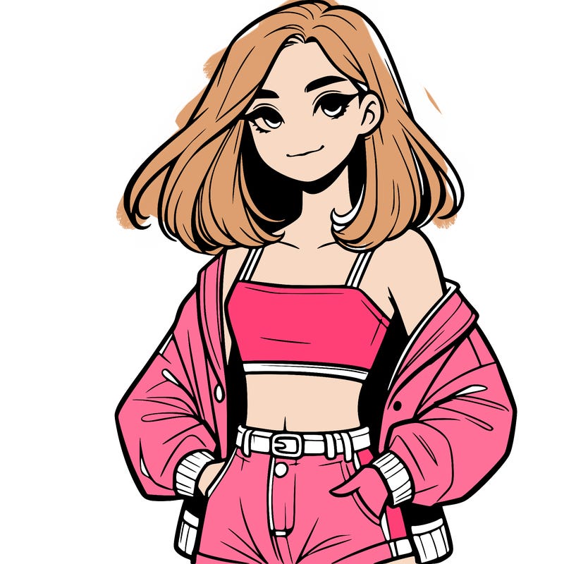 a realistic girl with a crop top and short shorts in an open jacket