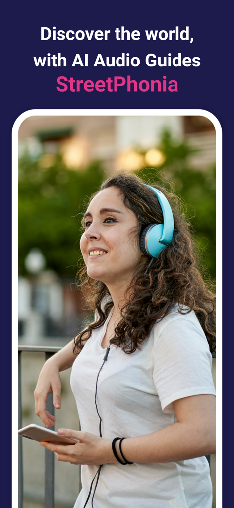 Road Trip: Voice Tour Guide AI - A woman wearing blue headphones smiling while using the StreetPhonia AI audio guide app
