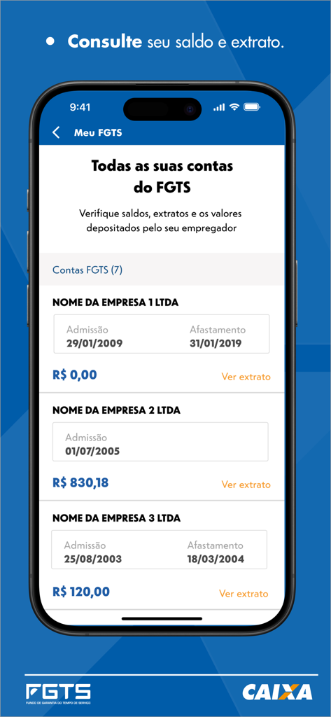 FGTS - Interface of the FGTS mobile app showing a list of employment accounts with admission dates and balances
