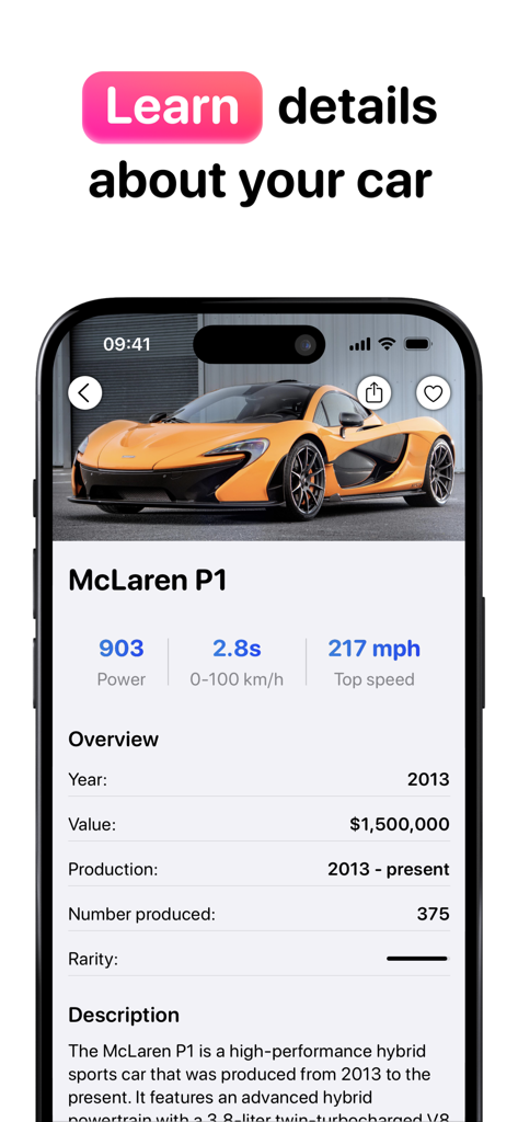 Car Identifier: CarSnap - CarSnap app screen showing technical specifications and rarity of a McLaren P1