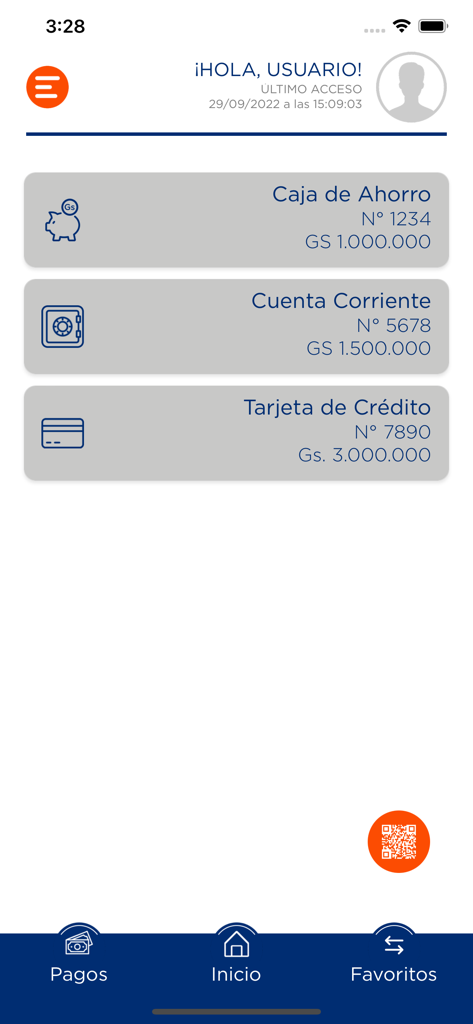 Mobile app dashboard of Interfisa Banco showing account balances for savings and checking accounts