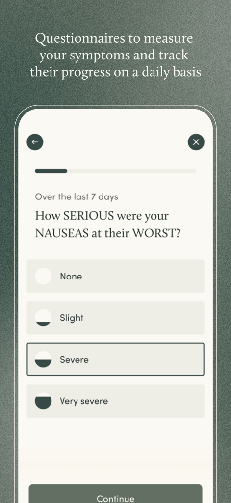 Capture d'écran de l'application Resilience Care montrant un questionnaire quotidien pour évaluer et suivre la sévérité des nausées.