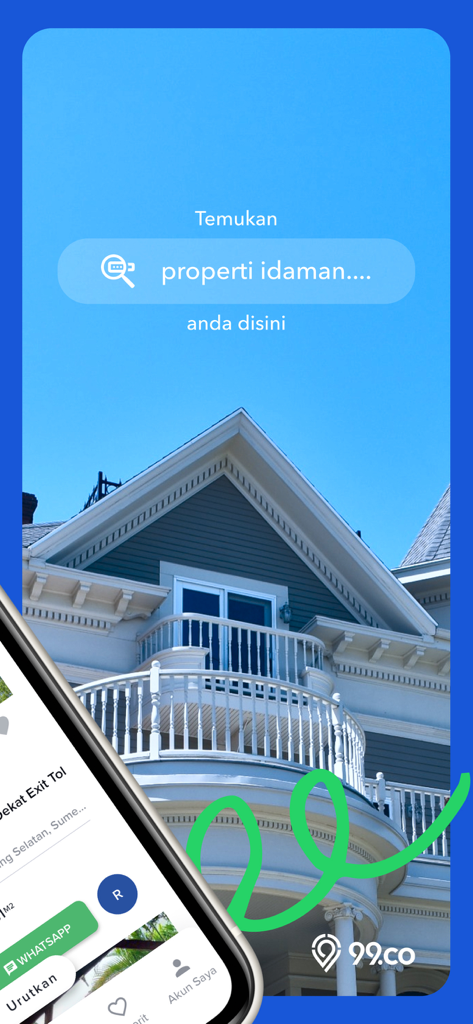 99.co Indonesia - 99.co Indonesia mobile app splash screen with property search bar and luxury house photo