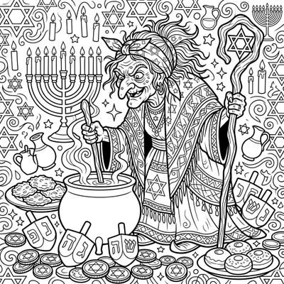 Discover a wonderfully wicked twist on Hanukkah with this engaging coloring page, perfect for creative teens. Featuring a unique hag character surrounded by festive Jewish traditions, it offers a fun and imaginative coloring challenge.