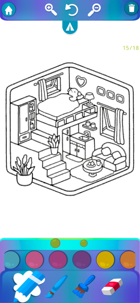 Cozy & Comfy Coloring Book - カラーパレットと描画ツールを備えた、居心地の良いアイソメトリック寝室のイラストを示すデジタル塗り絵インターフェース
