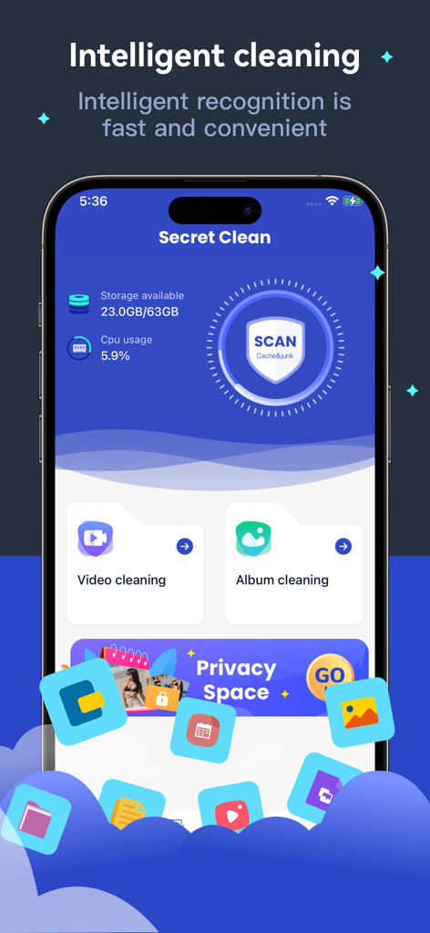 Interface principal do aplicativo Secret Clean com status de armazenamento e botão de verificação de arquivos de lixo