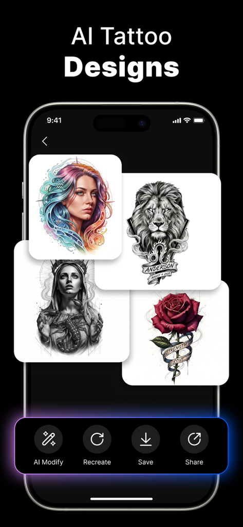ArtReel: AI Tattoo Design - ArtReel app interface displaying four different AI generated tattoo designs on a smartphone screen