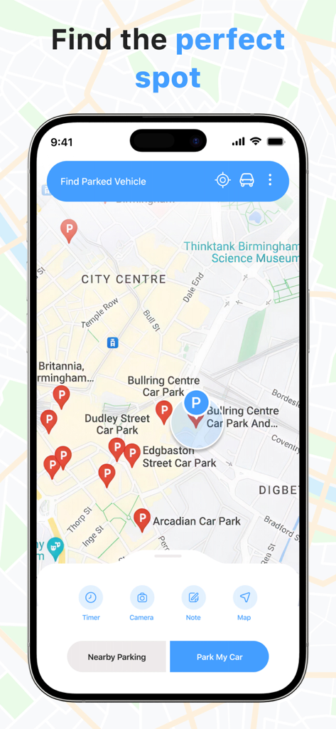 Interface do aplicativo Parking Point mostrando um mapa da cidade com pinos de localização de estacionamento vermelhos e azuis