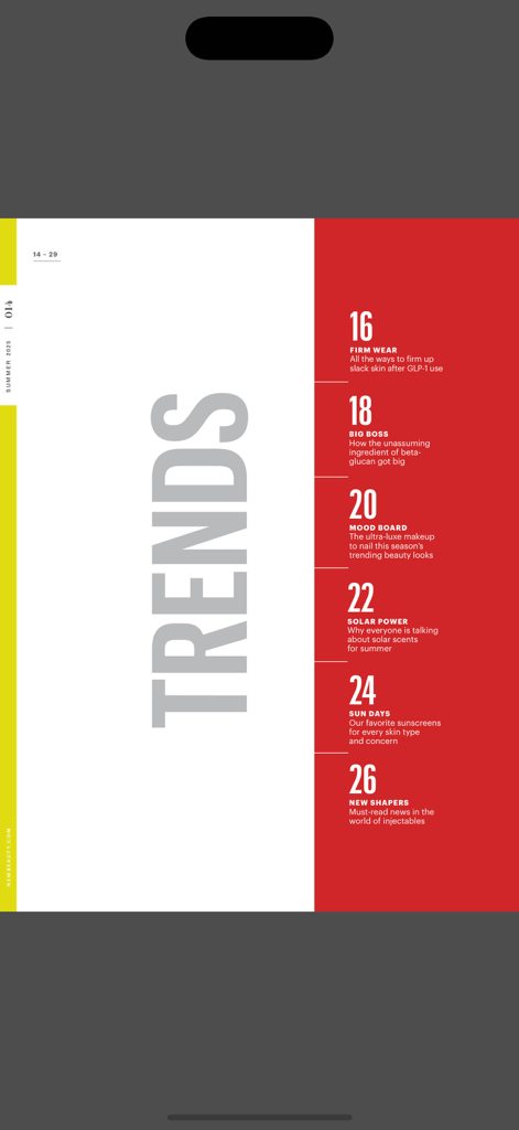 NewBeauty Magazine - A table of contents page from the NewBeauty Magazine app highlighting various beauty and wellness trends.
