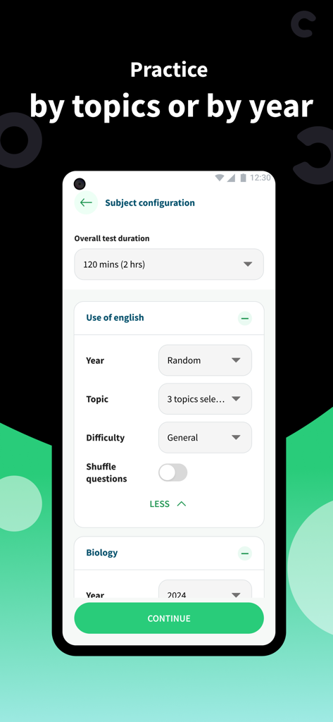Class54 - JAMB CBT 2026 - Una pantalla de la aplicación Class54 JAMB CBT que permite a los usuarios configurar pruebas de práctica por materia, año, tema y dificultad.