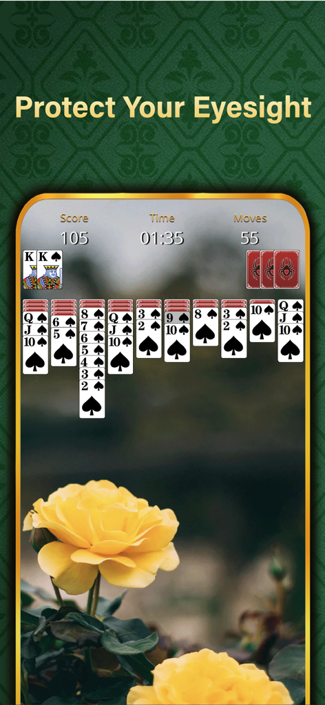 Solitaire Relax®Classic Spider - Classic Spider Solitaire gameplay with large fonts and a relaxing yellow rose background.
