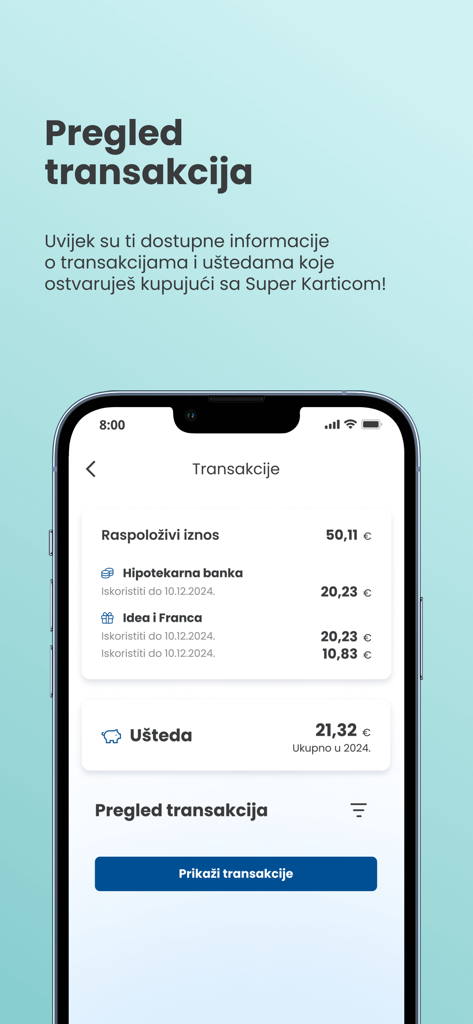 Super Kartica CG App Transaktionsverlauf und Spar-Tracker