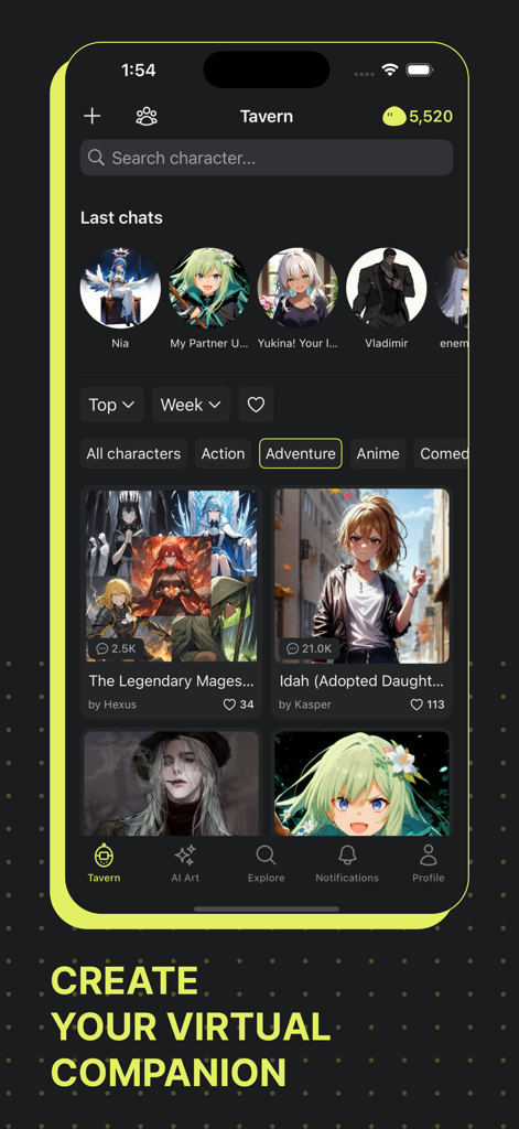 Moescape - Character AI & Art - Moescape app Tavern interface showing various anime style AI characters for chat and storytelling