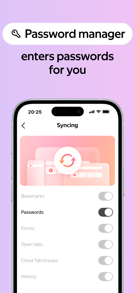 Yandex Browser-Oberfläche auf dem iPhone, die den Passwortmanager und die Datensynchronisierungseinstellungen zeigt.