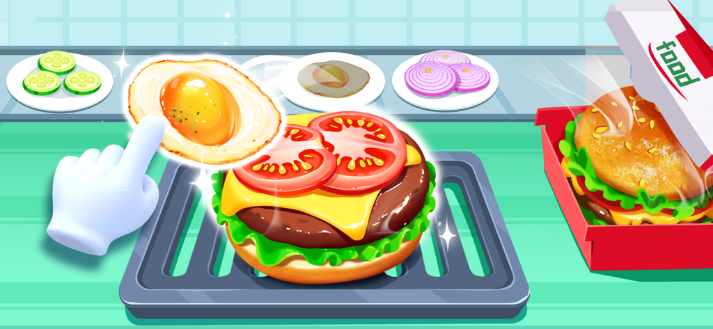 A cartoon hand placing a fried egg onto a cheese and tomato burger in a virtual kitchen