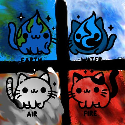 4 cats that represent the different elements, earth, water, air, and fire