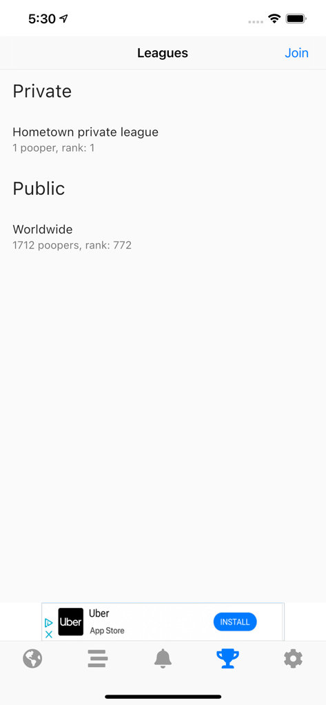 Poop Map - Pin and Track - Interfaz de la aplicación Poop Map que muestra clasificaciones de ligas privadas y mundiales