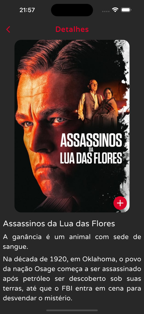 Indica Filme - Movie details screen in the Indica Filme app featuring the poster and synopsis for Killers of the Flower Moon